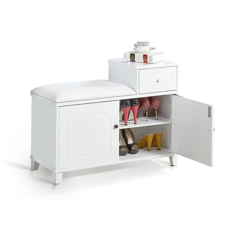 Shoe Storage Bench with PU Cushion and Movable Drawer