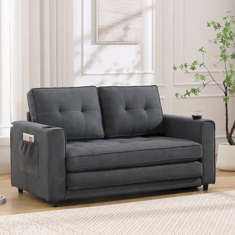 Foldable Tufted Loveseat with Pull Out Bed and Side Pockets
