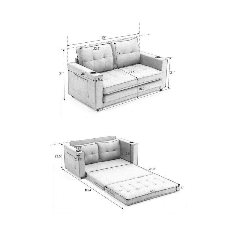 Foldable Tufted Loveseat with Pull Out Bed and Side Pockets