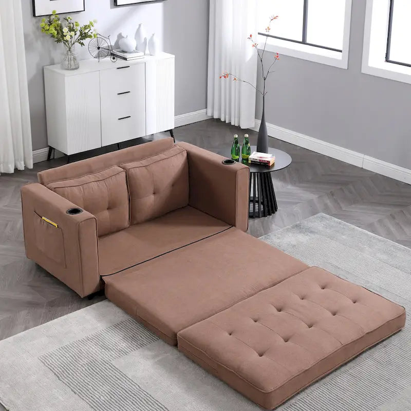 Foldable Tufted Loveseat with Pull Out Bed and Side Pockets