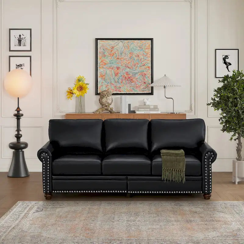 Classic 83 PU Leather Upholstered 3-Seater Sofa with Bottom Storage Box and Nailhead Decoration