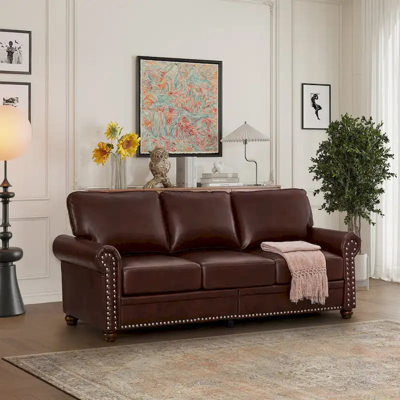 Classic 83 PU Leather Upholstered 3-Seater Sofa with Bottom Storage Box and Nailhead Decoration