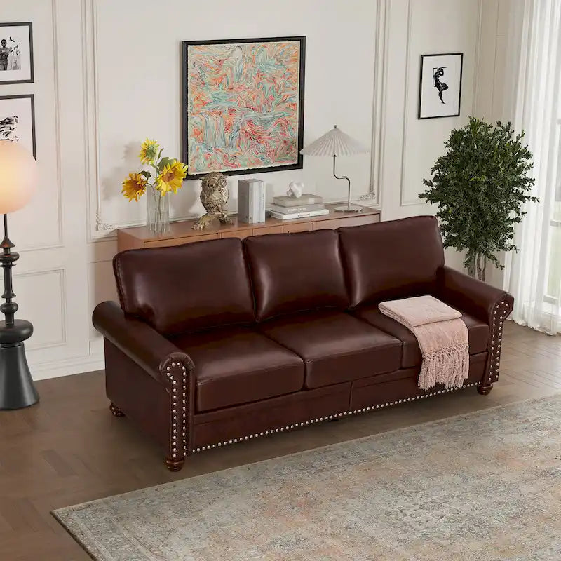 Classic 83 PU Leather Upholstered 3-Seater Sofa with Bottom Storage Box and Nailhead Decoration