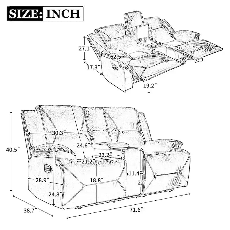 Home Theater Recliner Set Manual Recliner Chair with a LED Light Strip Two Built-in Cup Holders for Living Room,Bedroom, Black ,
