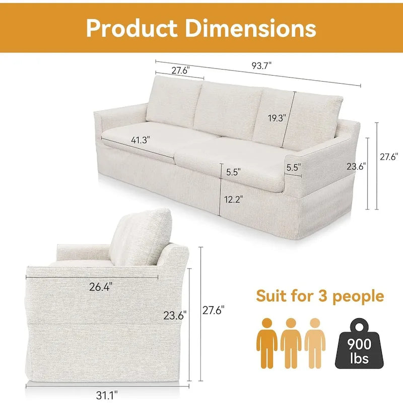 93 Modern 3-Seater Sofa Couch with Deep Seats and Removable Slipcover