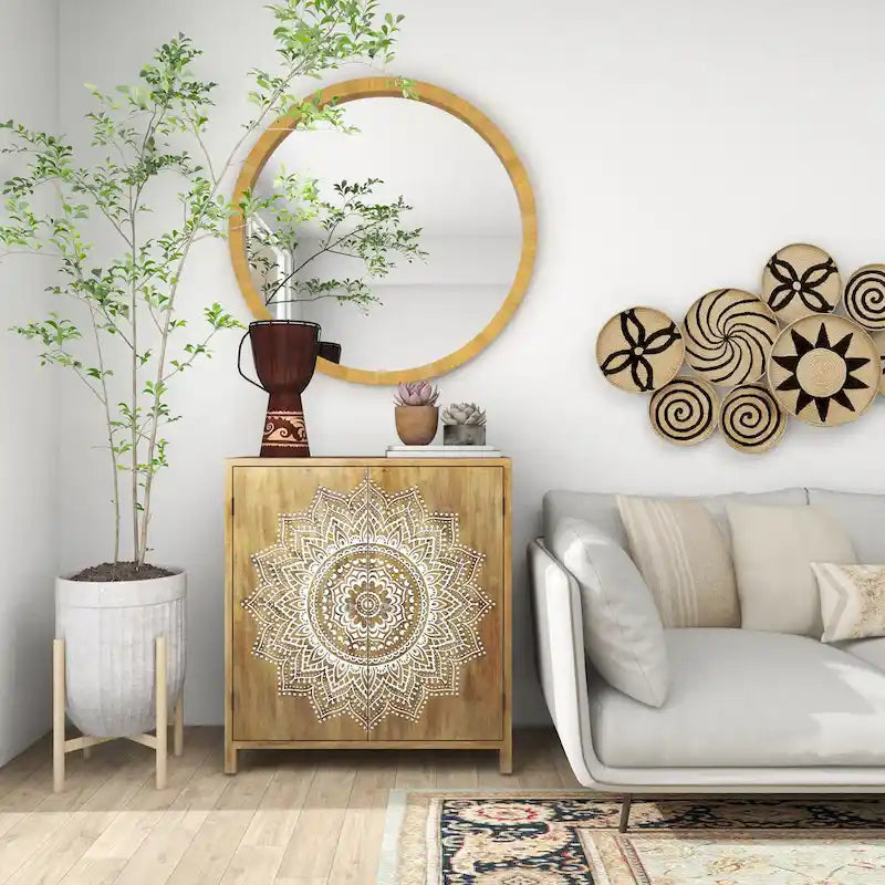 Wood Floral Intricately Carved 1 Shelf and 2 Doors Room Cabinet - Brown - Roche River Decor