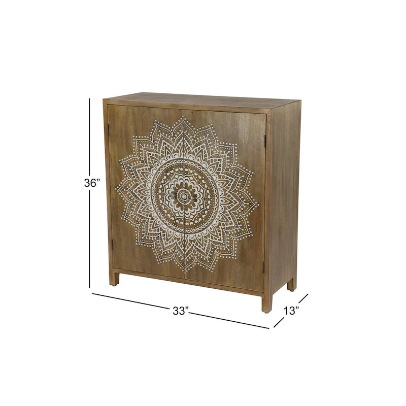 Wood Floral Intricately Carved 1 Shelf and 2 Doors Room Cabinet - Brown - Roche River Decor