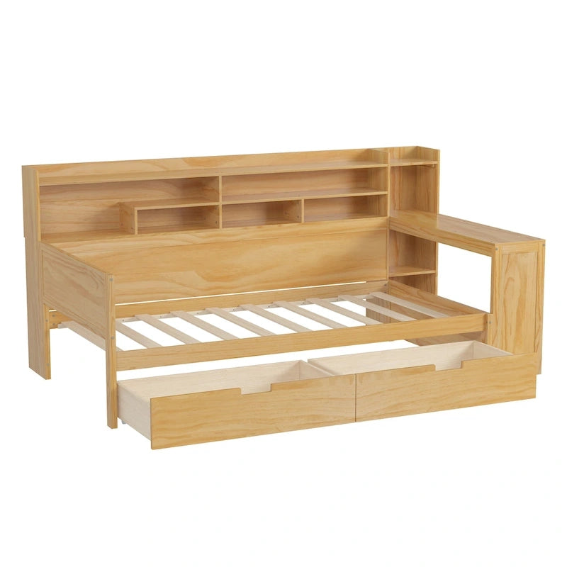Wooden Twin Size Daybed with Storage Shelves, Two Drawers & Study Desk,Natural