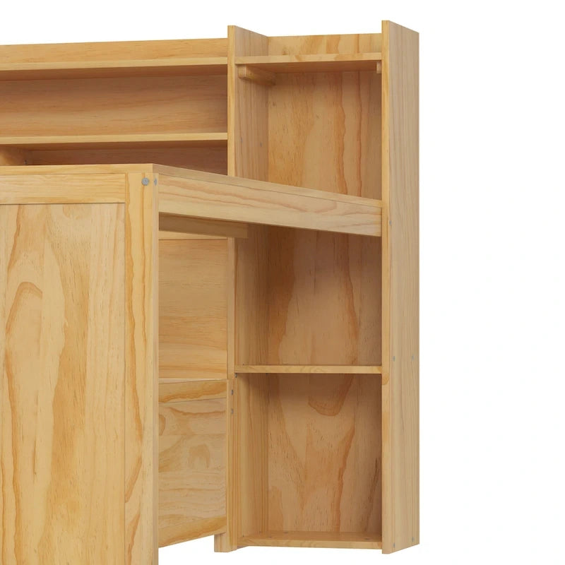Wooden Twin Size Daybed with Storage Shelves, Two Drawers & Study Desk,Natural