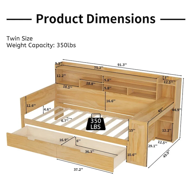 Wooden Twin Size Daybed with Storage Shelves, Two Drawers & Study Desk,Natural