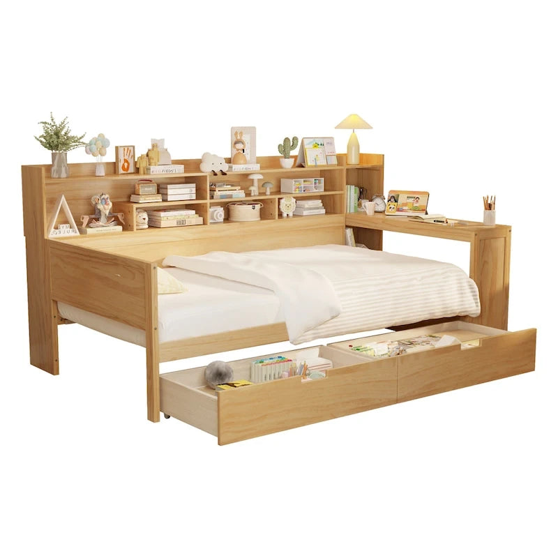 Wooden Twin Size Daybed with Storage Shelves, Two Drawers & Study Desk,Natural