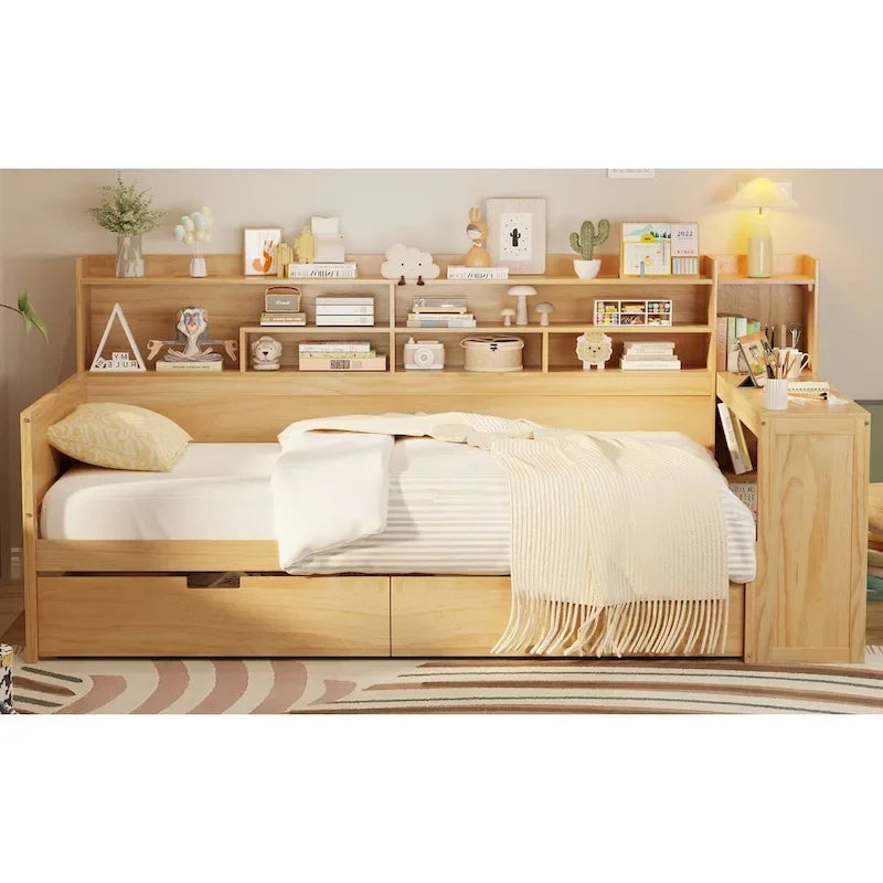 Wooden Twin Size Daybed with Storage Shelves, Two Drawers & Study Desk,Natural