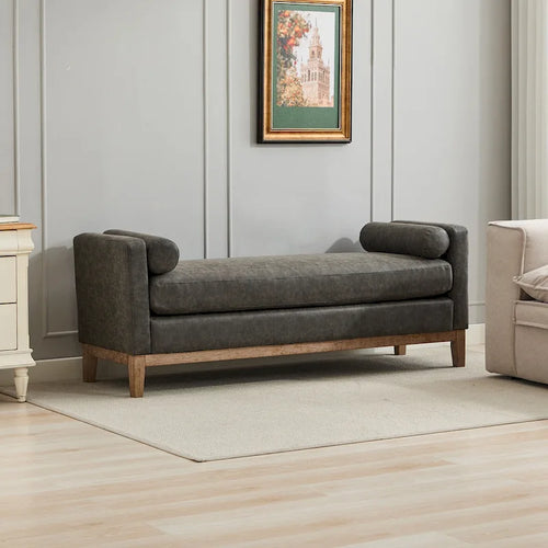66.34W Elegant Upholstered Bench, Daybed, Ottoman with Wood Legs & 2 Bolster Pillows for End of Bed, Bedroom, Living Room