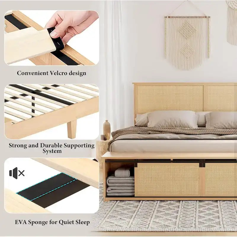 Natural Rattan Full Size Bed Frame with Sliding Barn Door Storage Cabinets