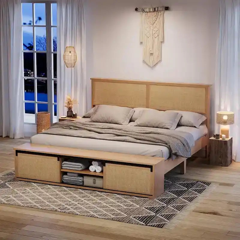 Natural Rattan Full Size Bed Frame with Sliding Barn Door Storage Cabinets