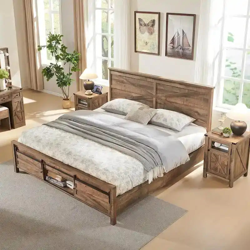 Farmhouse Full size Wood Bed Frame with Sliding Barn Door storage