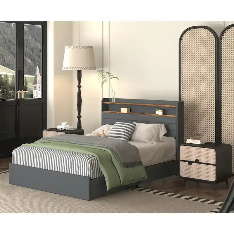 Queen Storage Bed - 4 Drawers, Upholstered Platform with LED & USB Charging