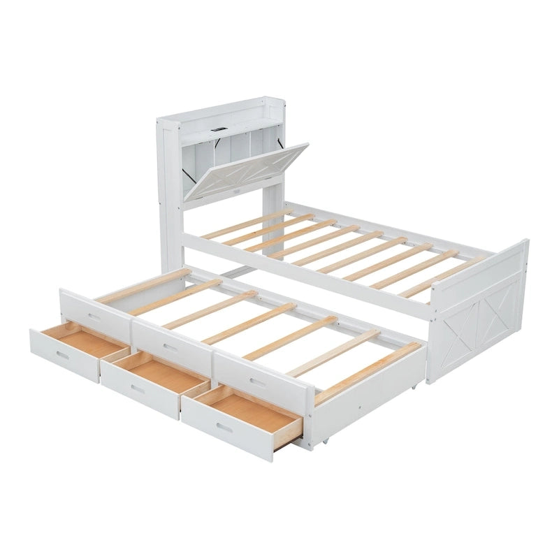 Wooden Platform Bed Outlets on Storage Headboard, Wood Slat Panel Bed Frame with 3 Storage Drawers & Pull-out Trundle Bed