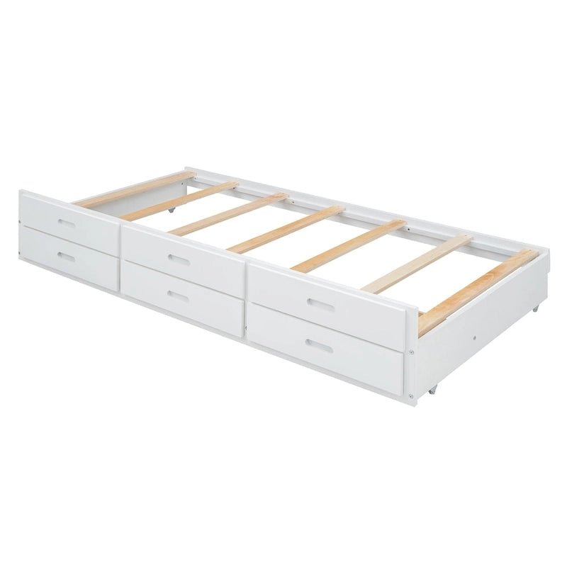 Wooden Platform Bed Outlets on Storage Headboard, Wood Slat Panel Bed Frame with 3 Storage Drawers & Pull-out Trundle Bed