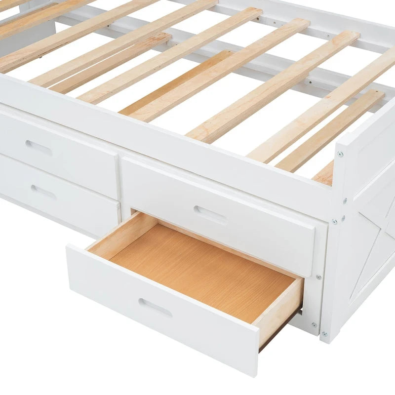 Wooden Platform Bed Outlets on Storage Headboard, Wood Slat Panel Bed Frame with 3 Storage Drawers & Pull-out Trundle Bed