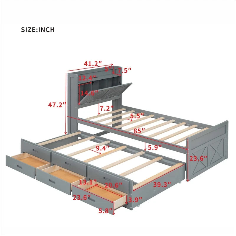 Wooden Platform Bed Outlets on Storage Headboard, Wood Slat Panel Bed Frame with 3 Storage Drawers & Pull-out Trundle Bed