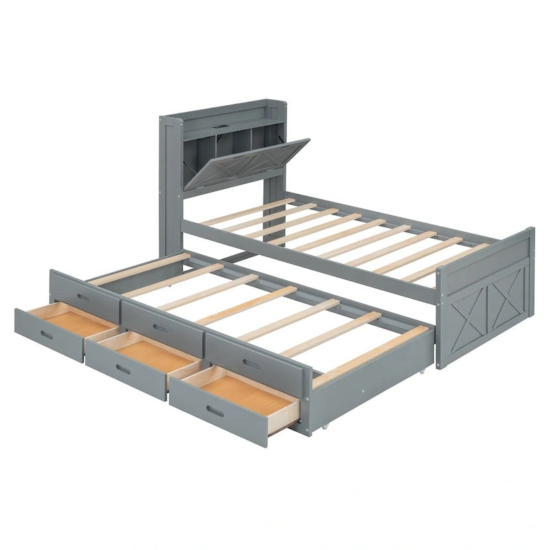 Wooden Platform Bed Outlets on Storage Headboard, Wood Slat Panel Bed Frame with 3 Storage Drawers & Pull-out Trundle Bed
