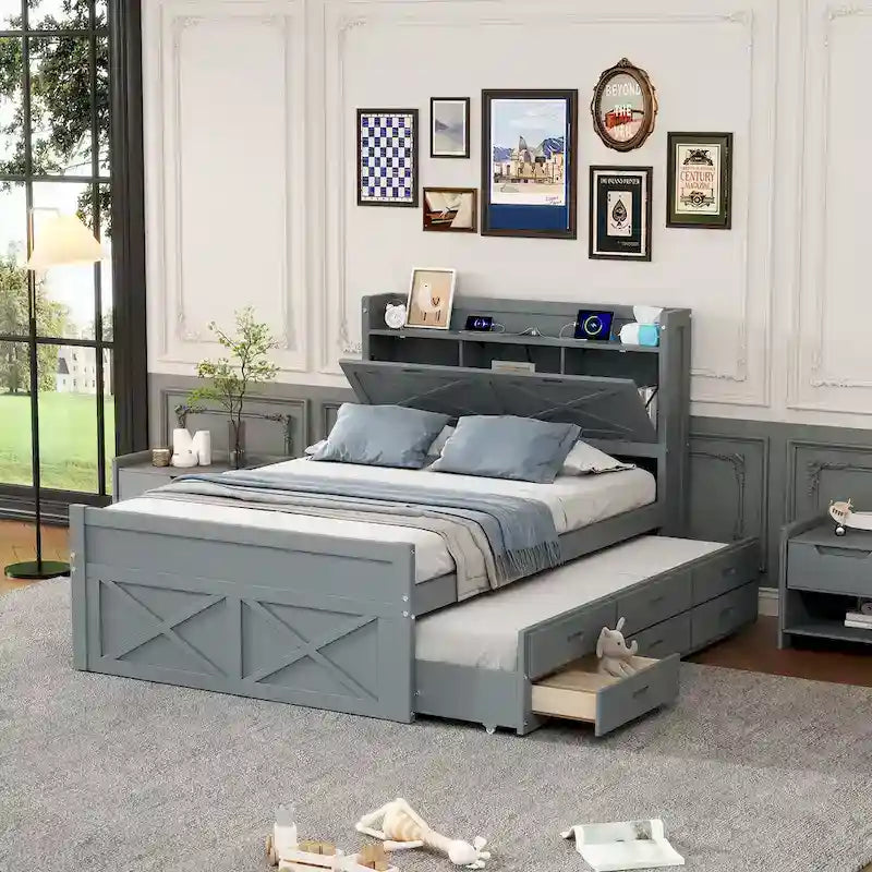 Wooden Platform Bed Outlets on Storage Headboard, Wood Slat Panel Bed Frame with 3 Storage Drawers & Pull-out Trundle Bed