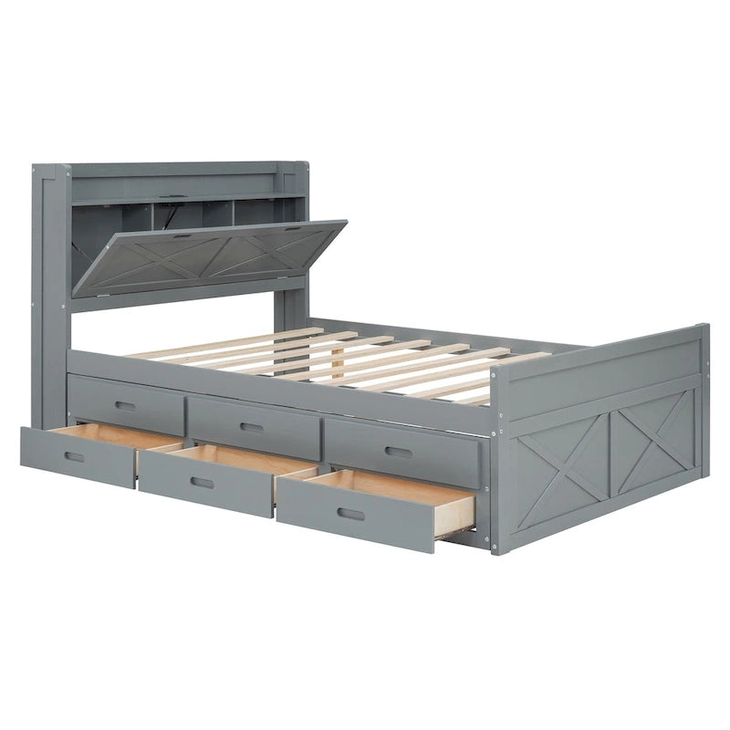 Wooden Platform Bed Outlets on Storage Headboard, Wood Slat Panel Bed Frame with 3 Storage Drawers & Pull-out Trundle Bed