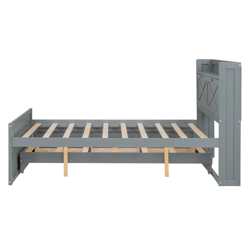 Wooden Platform Bed Outlets on Storage Headboard, Wood Slat Panel Bed Frame with 3 Storage Drawers & Pull-out Trundle Bed