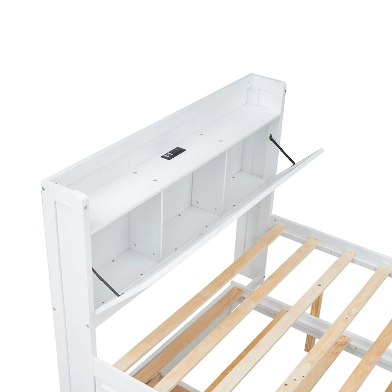 Wooden Platform Bed Outlets on Storage Headboard, Wood Slat Panel Bed Frame with 3 Storage Drawers & Pull-out Trundle Bed