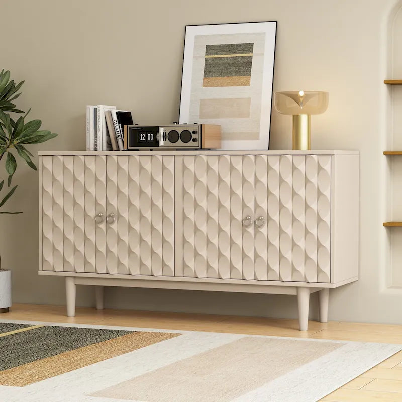 Modern 4-Door Sideboard with Convex Pattern Doors & 2 Silver Handle