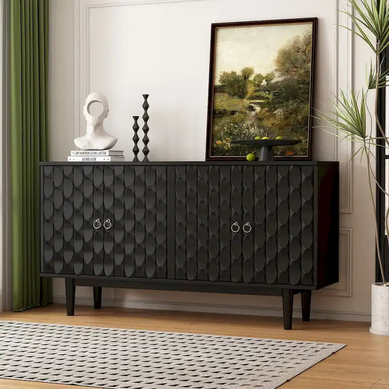 Modern 4-Door Sideboard with Convex Pattern Doors & 2 Silver Handle