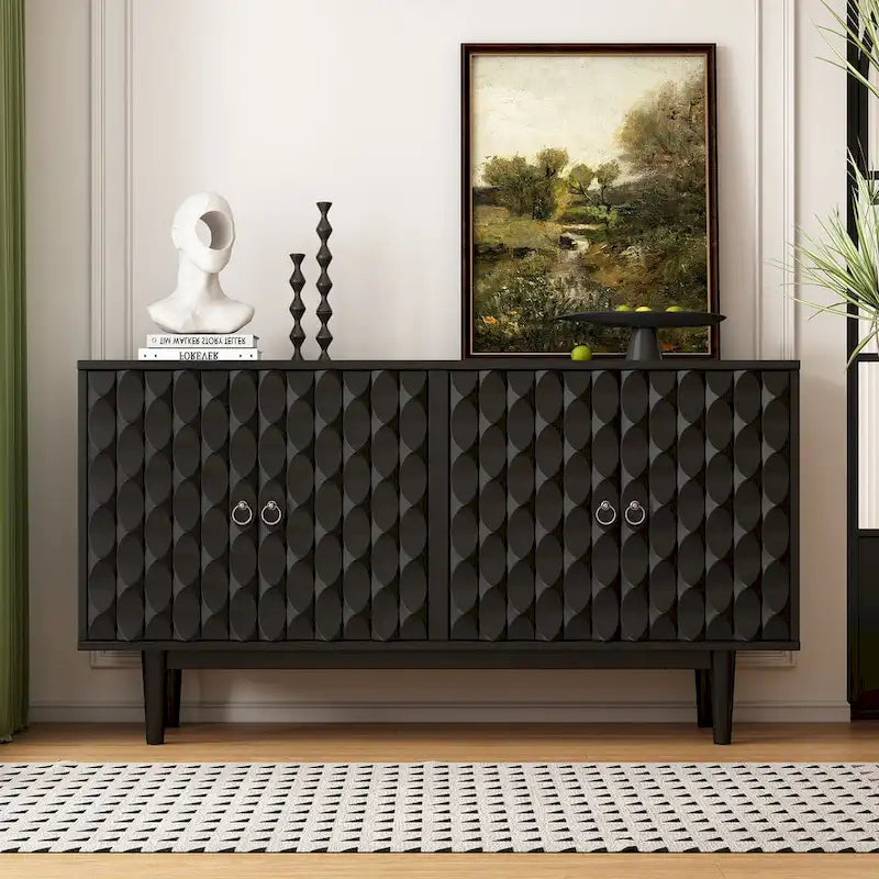 Modern 4-Door Sideboard with Convex Pattern Doors & 2 Silver Handle