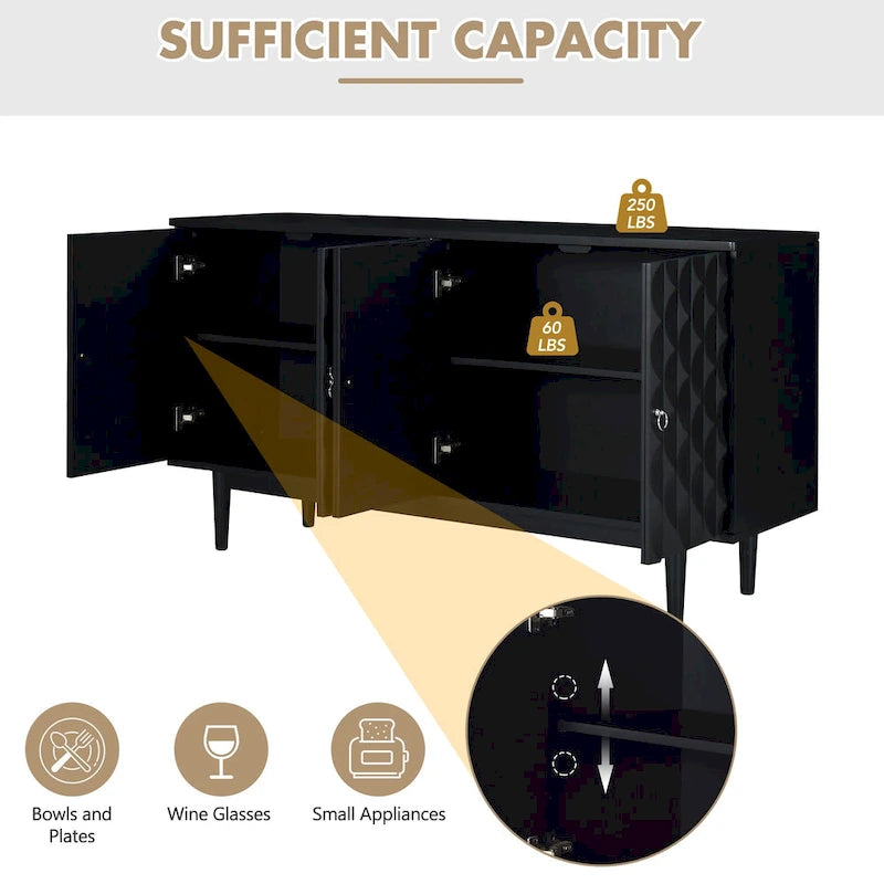 Modern 4-Door Sideboard with Convex Pattern Doors & 2 Silver Handle