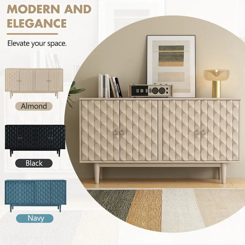 Modern 4-Door Sideboard with Convex Pattern Doors & 2 Silver Handle