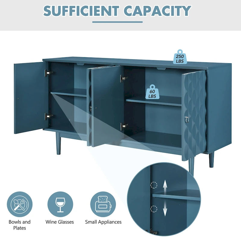 Modern 4-Door Sideboard with Convex Pattern Doors & 2 Silver Handle