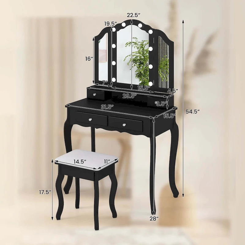 Costway Makeup Vanity Set with Tri-Fold Mirror & LED Lights 4 Drawers - See Details