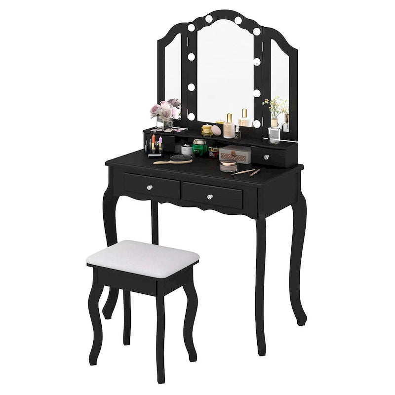 Costway Makeup Vanity Set with Tri-Fold Mirror & LED Lights 4 Drawers - See Details