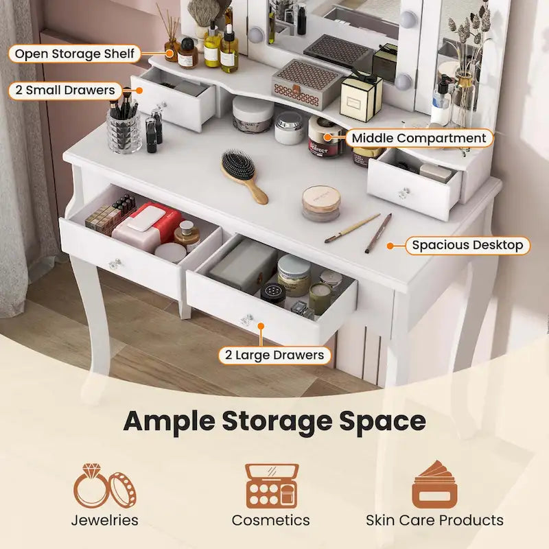 Costway Makeup Vanity Set with Tri-Fold Mirror & LED Lights 4 Drawers - See Details