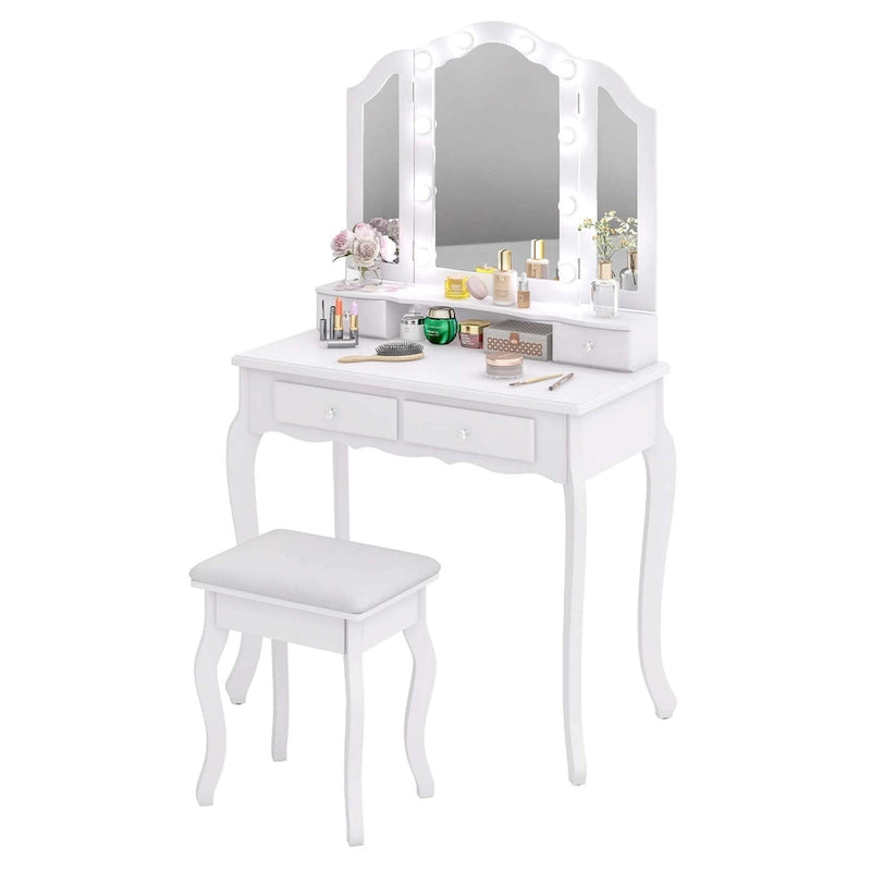 Costway Makeup Vanity Set with Tri-Fold Mirror & LED Lights 4 Drawers - See Details