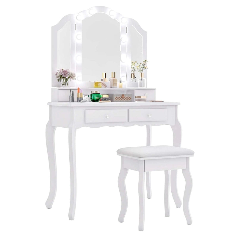 Costway Makeup Vanity Set with Tri-Fold Mirror & LED Lights 4 Drawers - See Details