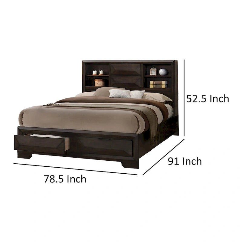 Costa King Size Bed, Bookcase Headboard, 2 Drawers, Dark Brown Solid Wood