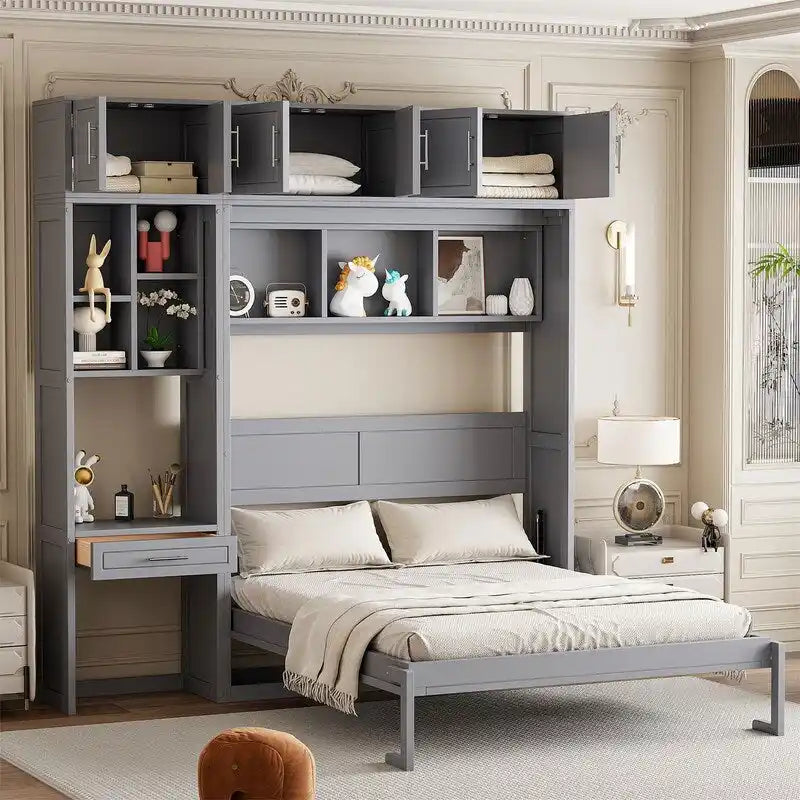Full/Queen Size Murphy Bed Wall Bed with Desk & Top Cabinet, Folding Murphy Cabinet Bed w/ Storage Shelves, Space Saving Design