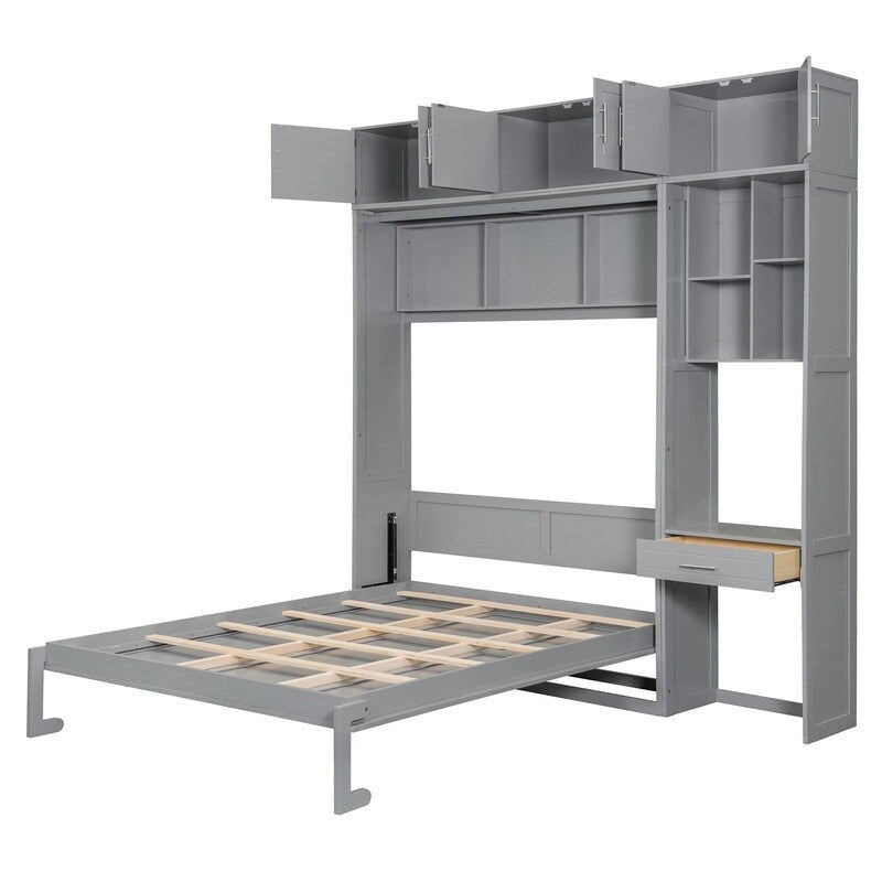 Full/Queen Size Murphy Bed Wall Bed with Desk & Top Cabinet, Folding Murphy Cabinet Bed w/ Storage Shelves, Space Saving Design