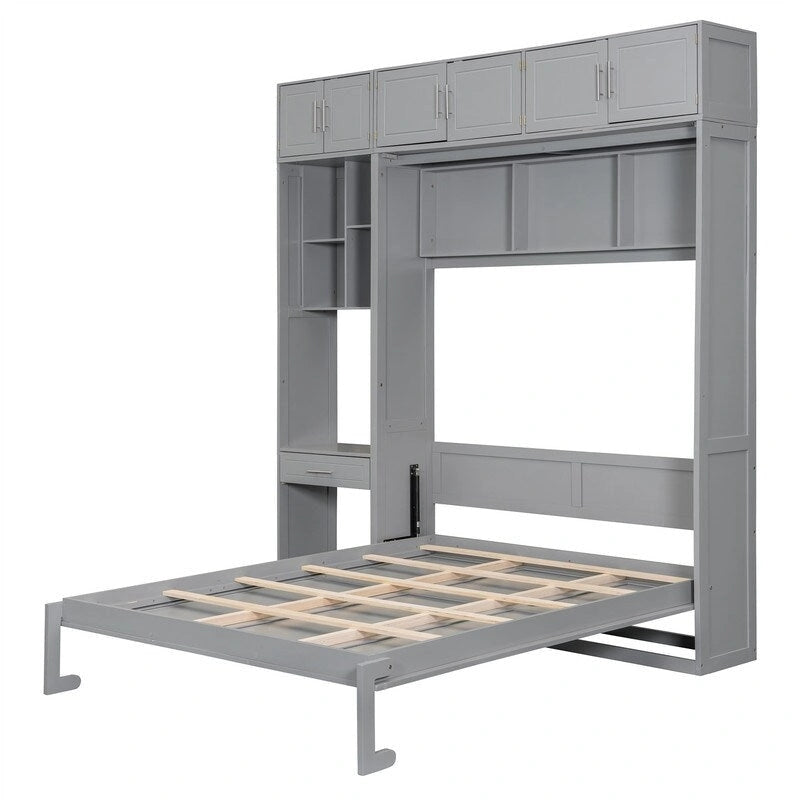 Full/Queen Size Murphy Bed Wall Bed with Desk & Top Cabinet, Folding Murphy Cabinet Bed w/ Storage Shelves, Space Saving Design