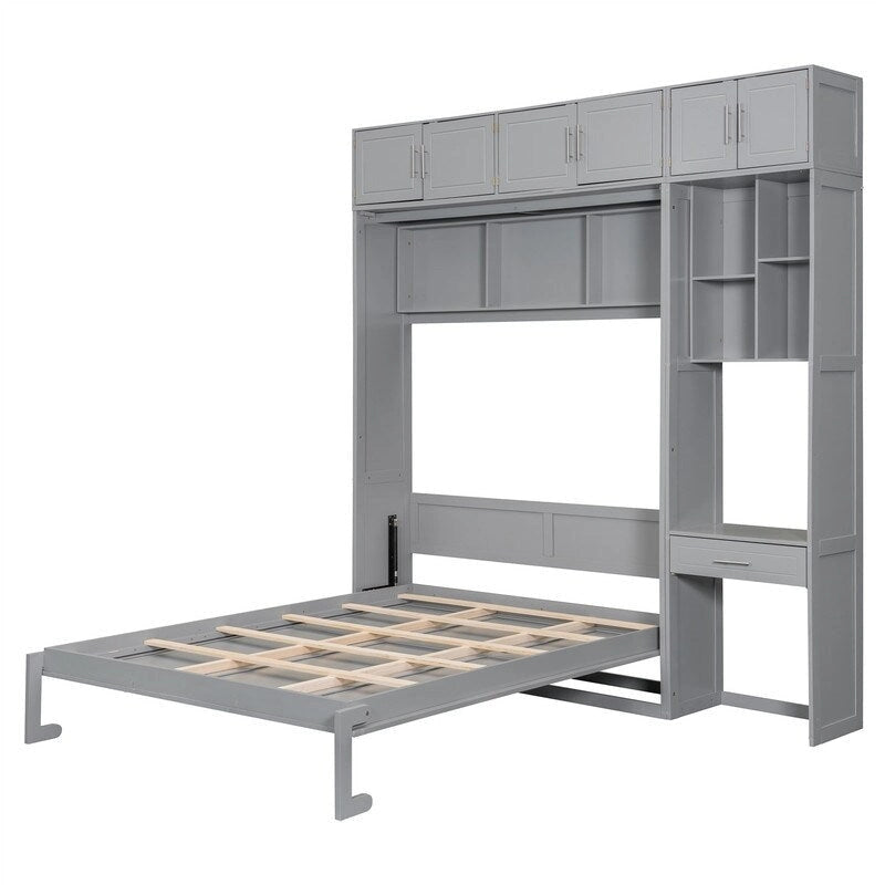 Full/Queen Size Murphy Bed Wall Bed with Desk & Top Cabinet, Folding Murphy Cabinet Bed w/ Storage Shelves, Space Saving Design