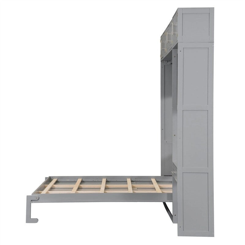 Full/Queen Size Murphy Bed Wall Bed with Desk & Top Cabinet, Folding Murphy Cabinet Bed w/ Storage Shelves, Space Saving Design