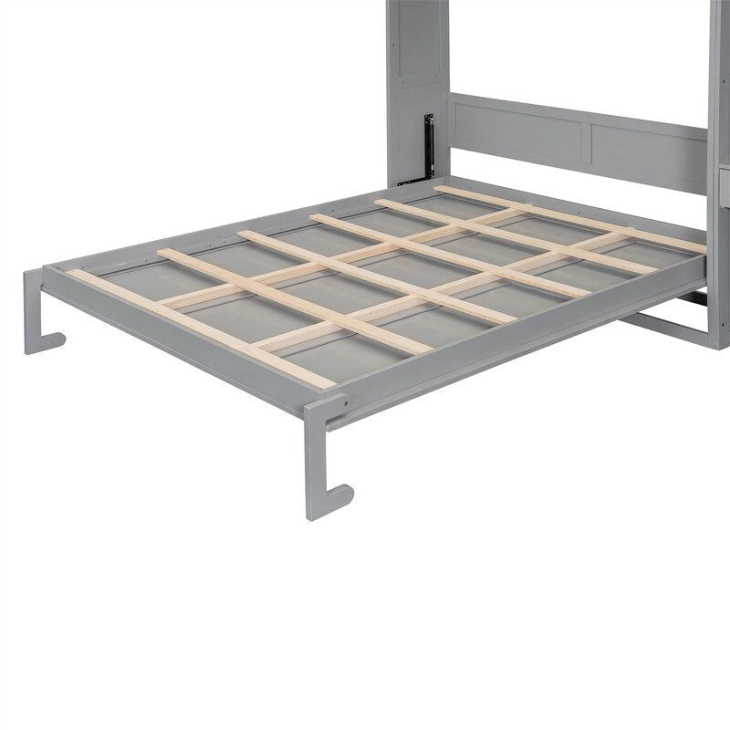 Full/Queen Size Murphy Bed Wall Bed with Desk & Top Cabinet, Folding Murphy Cabinet Bed w/ Storage Shelves, Space Saving Design