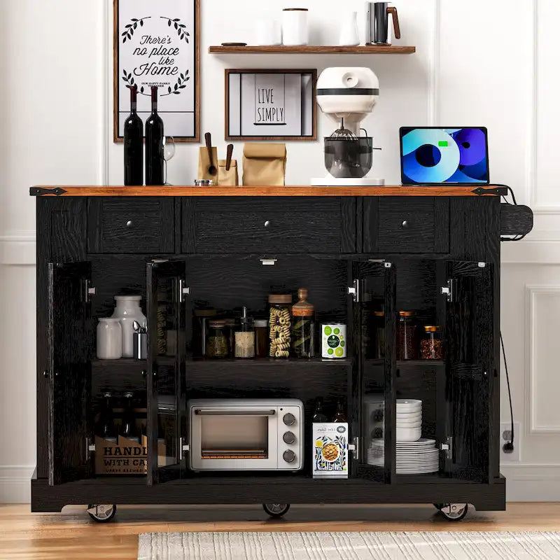 53 Farmhouse Kitchen Island With Two Tempered Glass Cabinet Doors(no include stool)