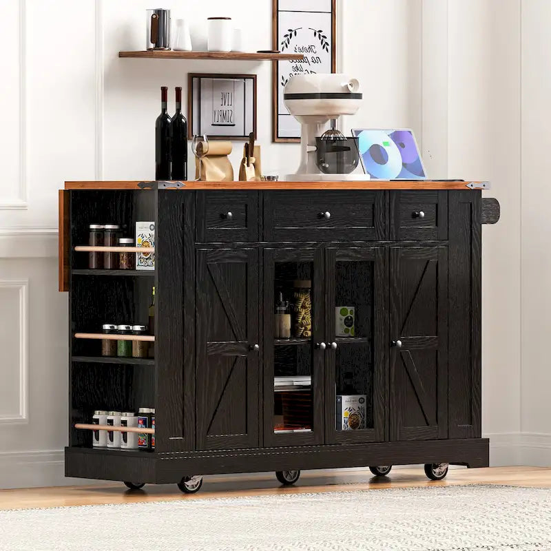 53 Farmhouse Kitchen Island With Two Tempered Glass Cabinet Doors(no include stool)
